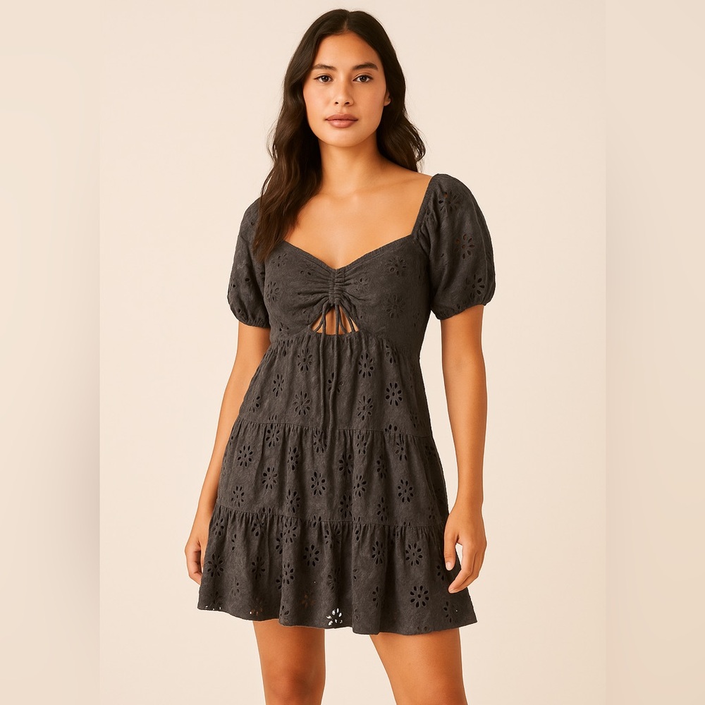 Lucky Brand Gray Eyelet Embroidered Puff Sleeve Mini Dress Size M Women’s
